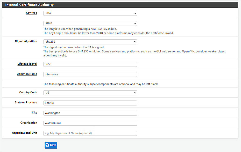 Screenshot of pfSense, CA 2